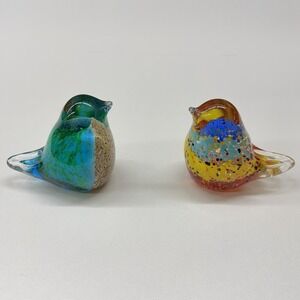 Hand Blown Art Glass Bird Figurine Paperweight Pair Blue Green & Confetti 9-10oz